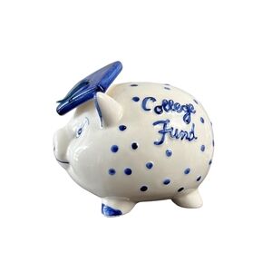 Vintage Blue & White College Fund Piggy Bank Pig Figurine Polka Dots Grad Hat